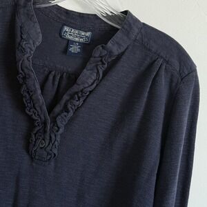 Ralph Lauren Polo Jeans Ruffle Henley Top Women Large Blue Waffle‎ Preppy